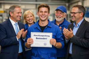 EIn Azubi wird vom Unternehmen für seinen Abschluss gefeiert.
