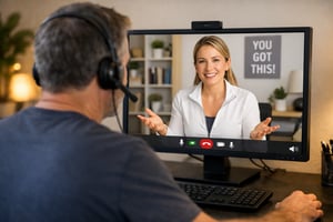 man shown overshoulder sitting in front of a screen having a conversation online with his female virtual coach-1